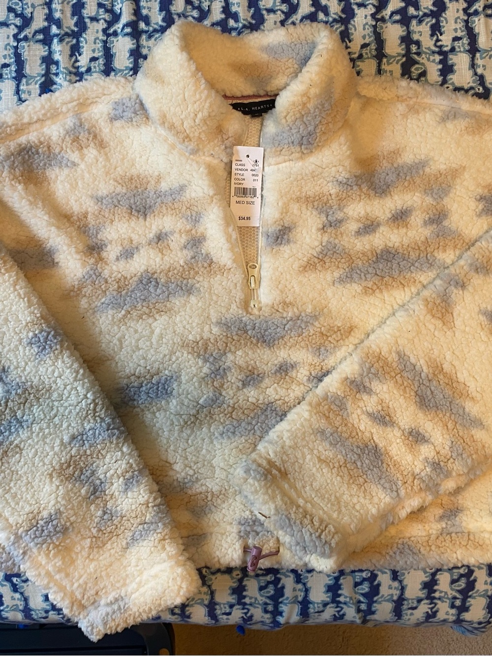 Cozy Cream and Light Blue Sherpa Half-Zip Pullover Sweater